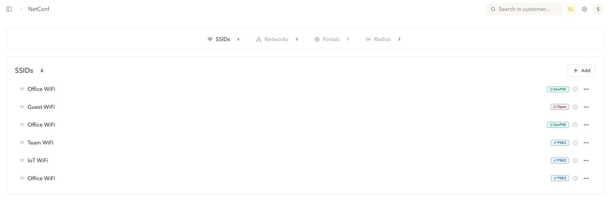 Airfy web console: list of SSIDs with Office WiFi, Guest WiFi, Team WiFi and IoT WiFi and their security types Open, ZenPSK and PSK2