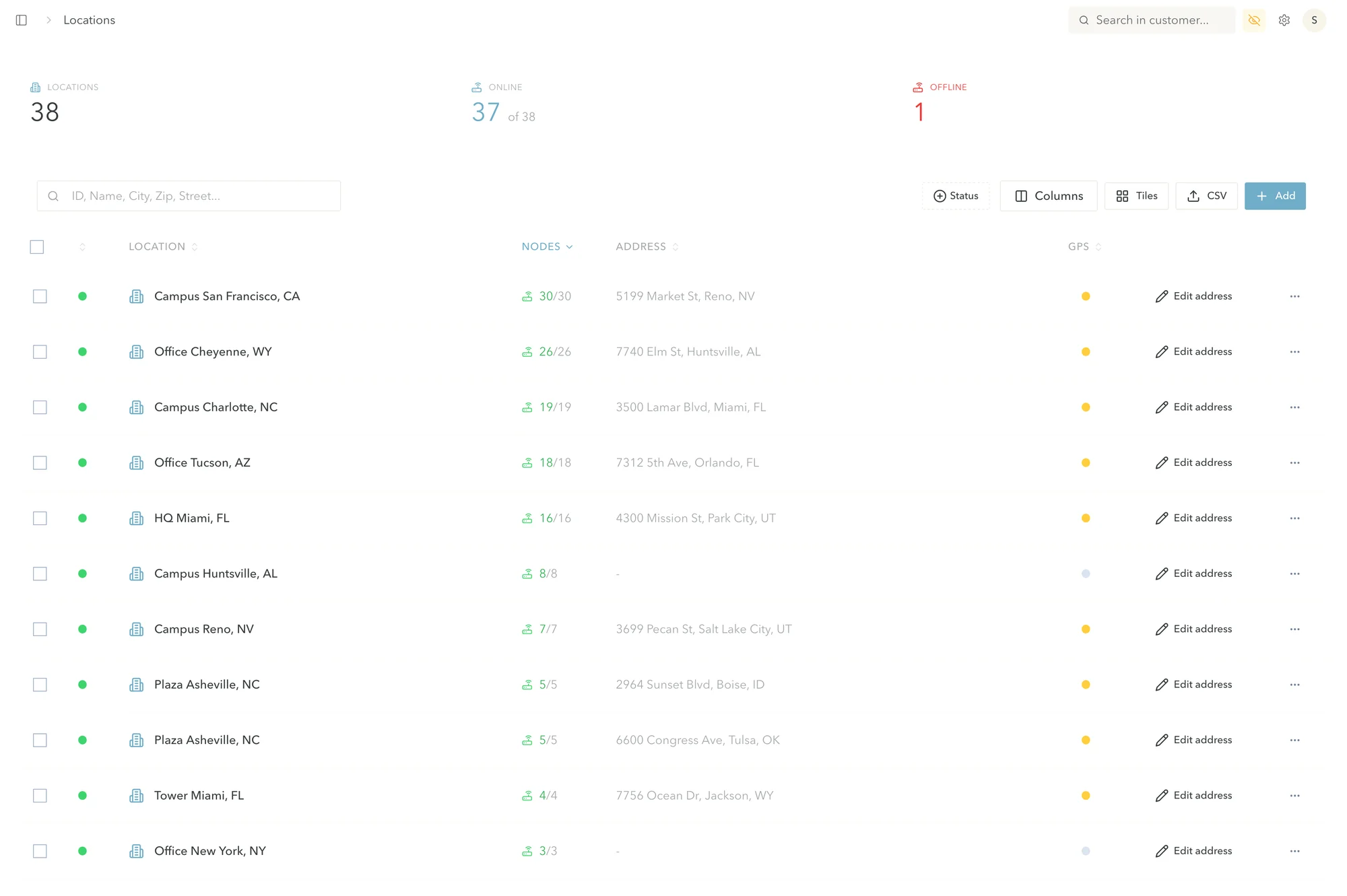 Airfy web console: list of locations with their online status and nodes